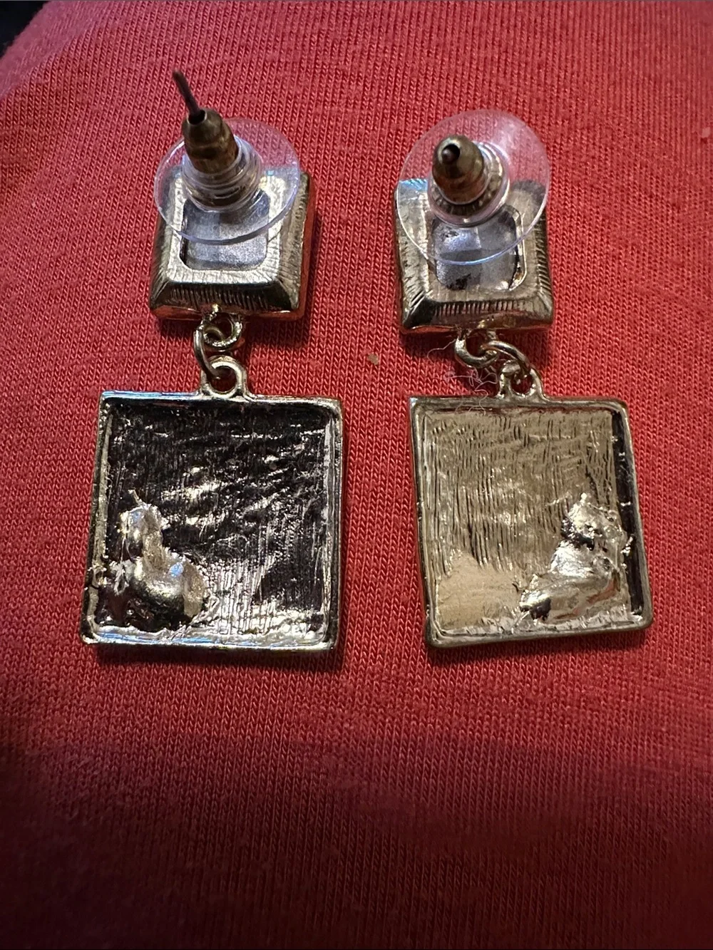 Gold Tone Square Drop POST Earrings with Clear Crystals Lightweight